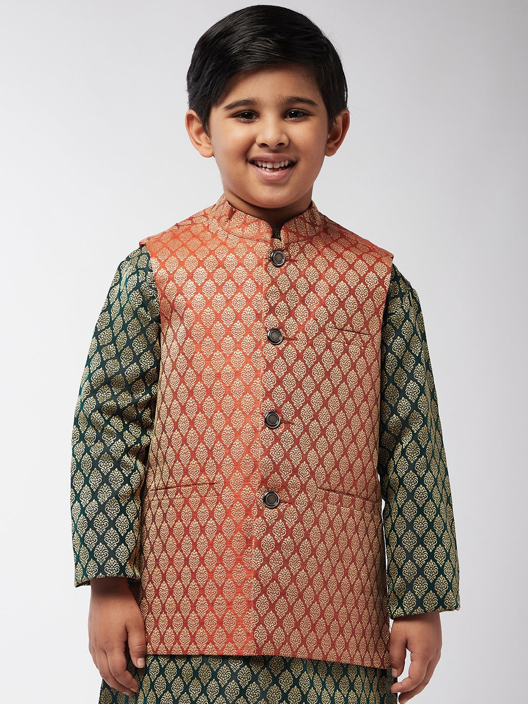 Kid's Jacquard Silk Orange Self design ONLY Nehrujacket - Sojanya KID