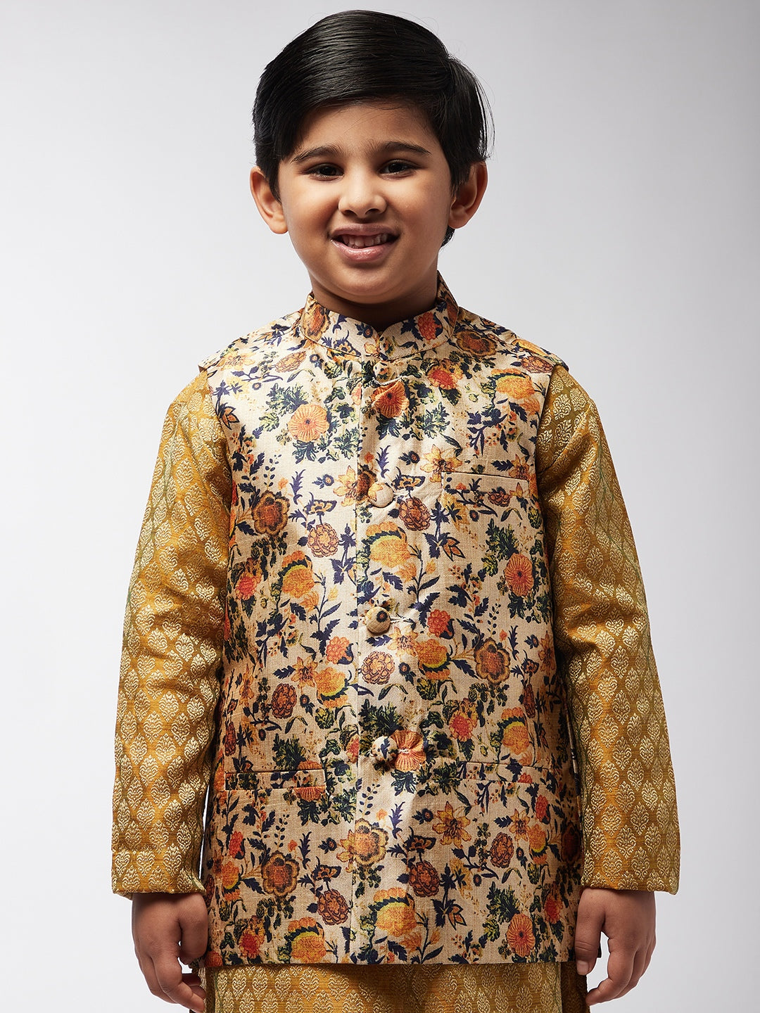 Kid's Silk Blend LimeGreen Printed ONLY Nehru Jacket - Sojanya KID