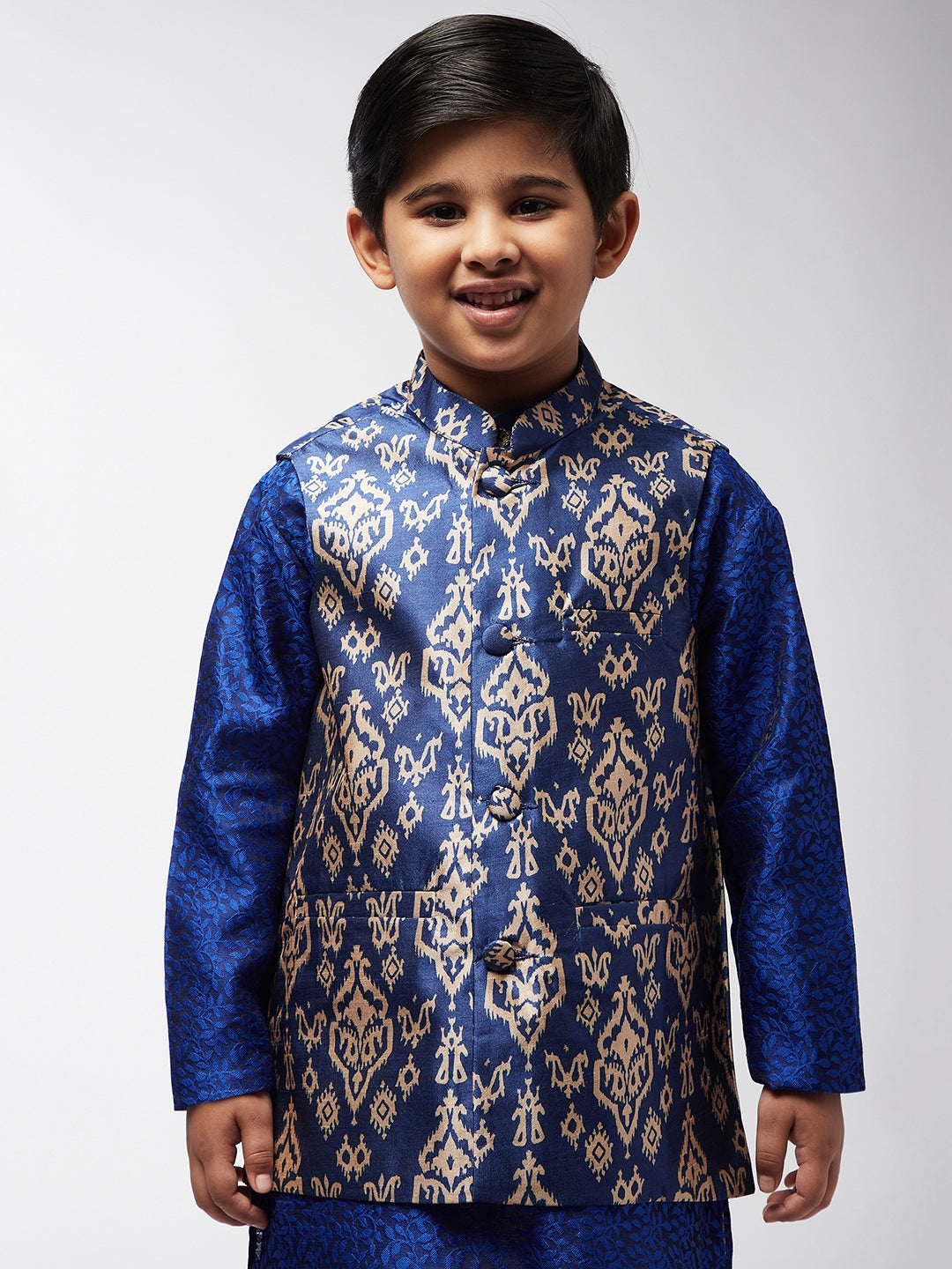 Kid's Silk Blend Blue Printed ONLY Nehru Jacket - Sojanya KID