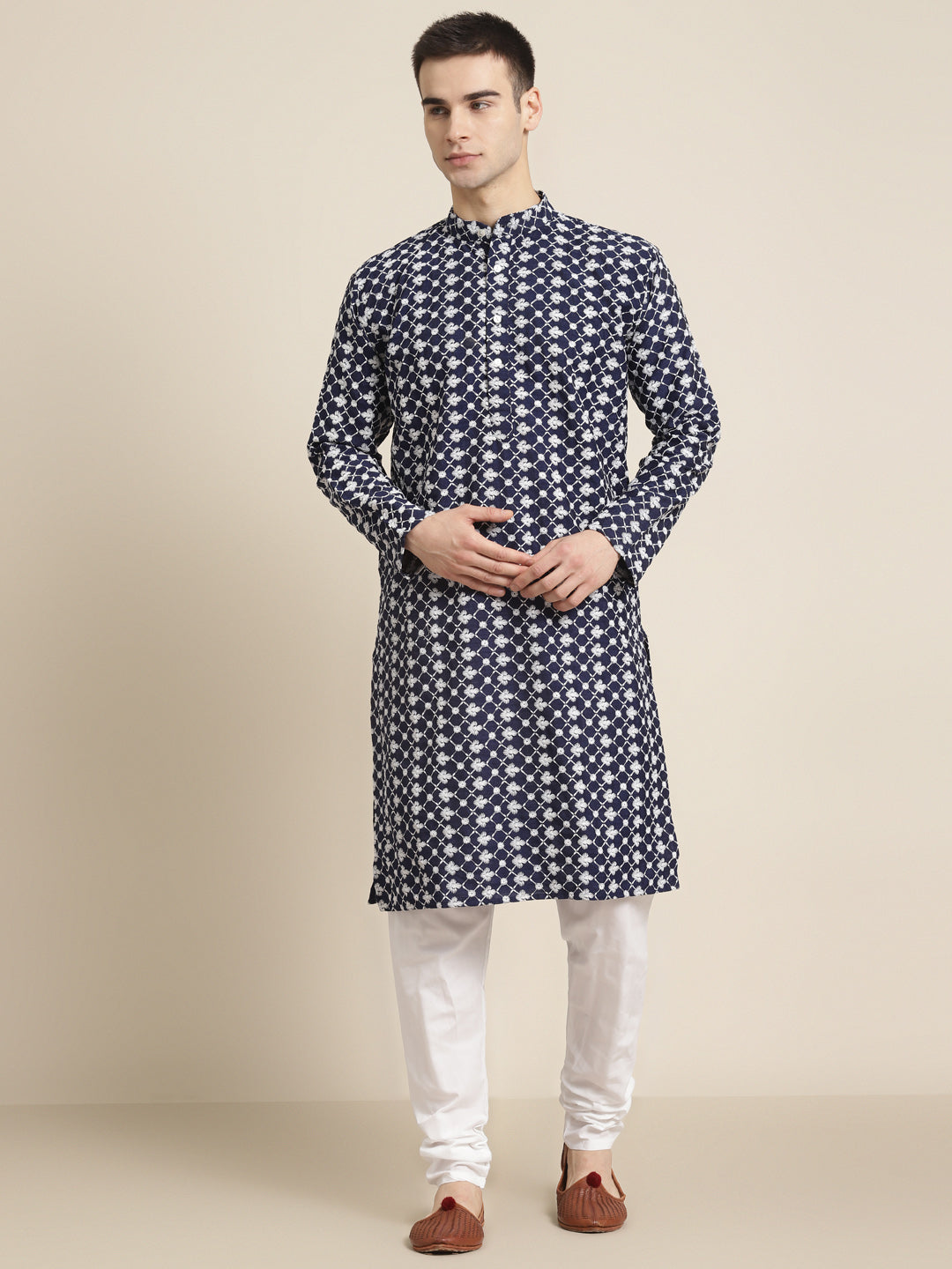 Men's Silk Blend Navy Blue Embroidered ONLY Kurta  - Sojanya