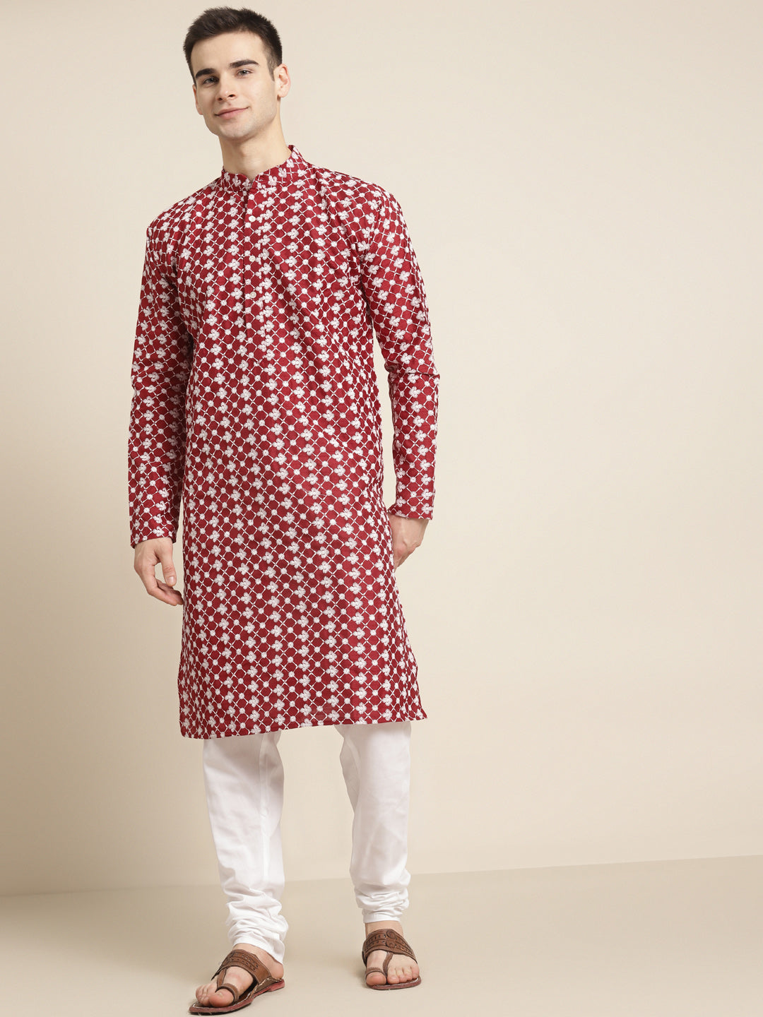 Men's Silk Blend Maroon Embroidered ONLY Kurta  - Sojanya