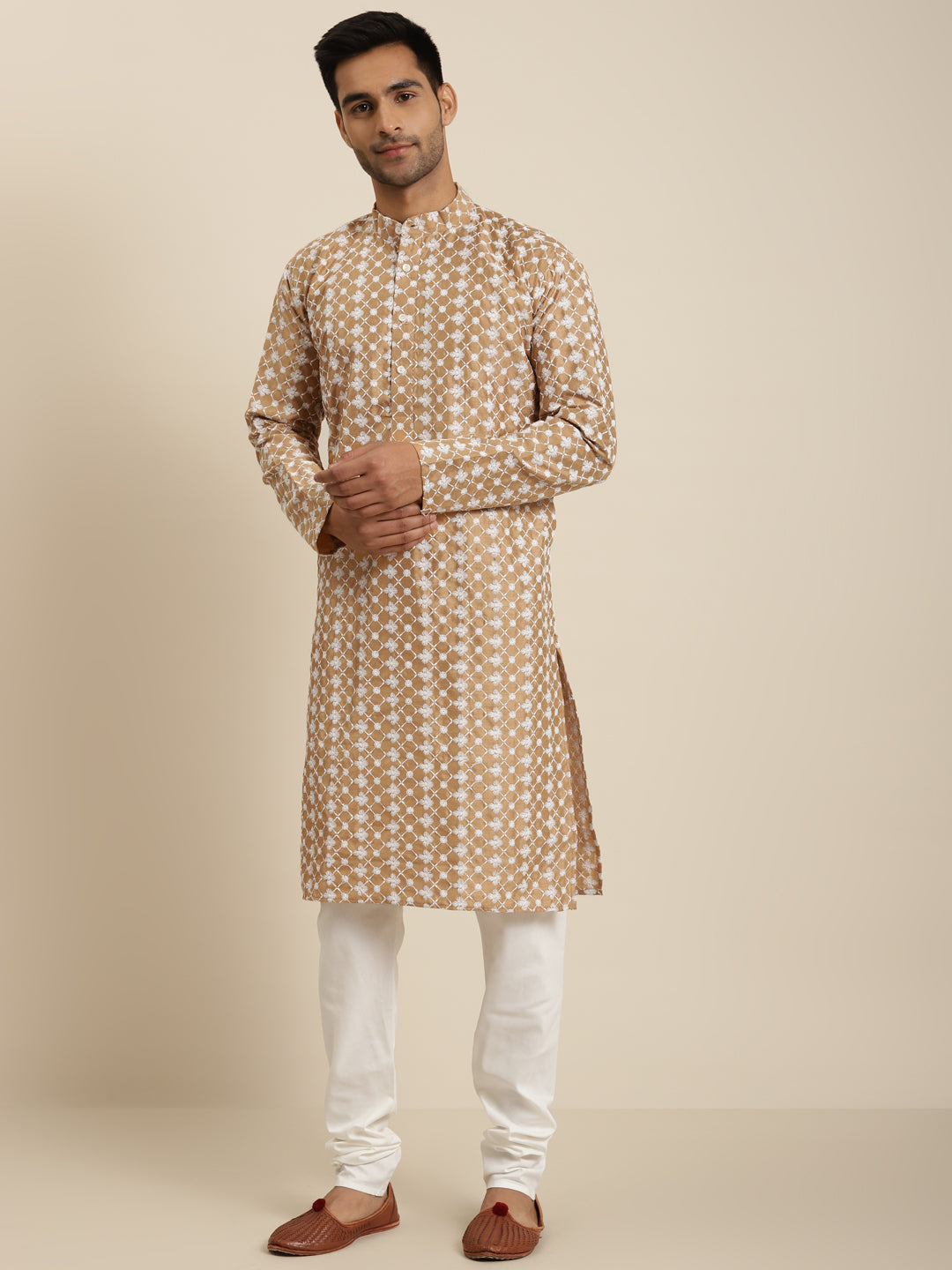 Men's Silk Blend Dark Gold Embroidered ONLY Kurta  - Sojanya