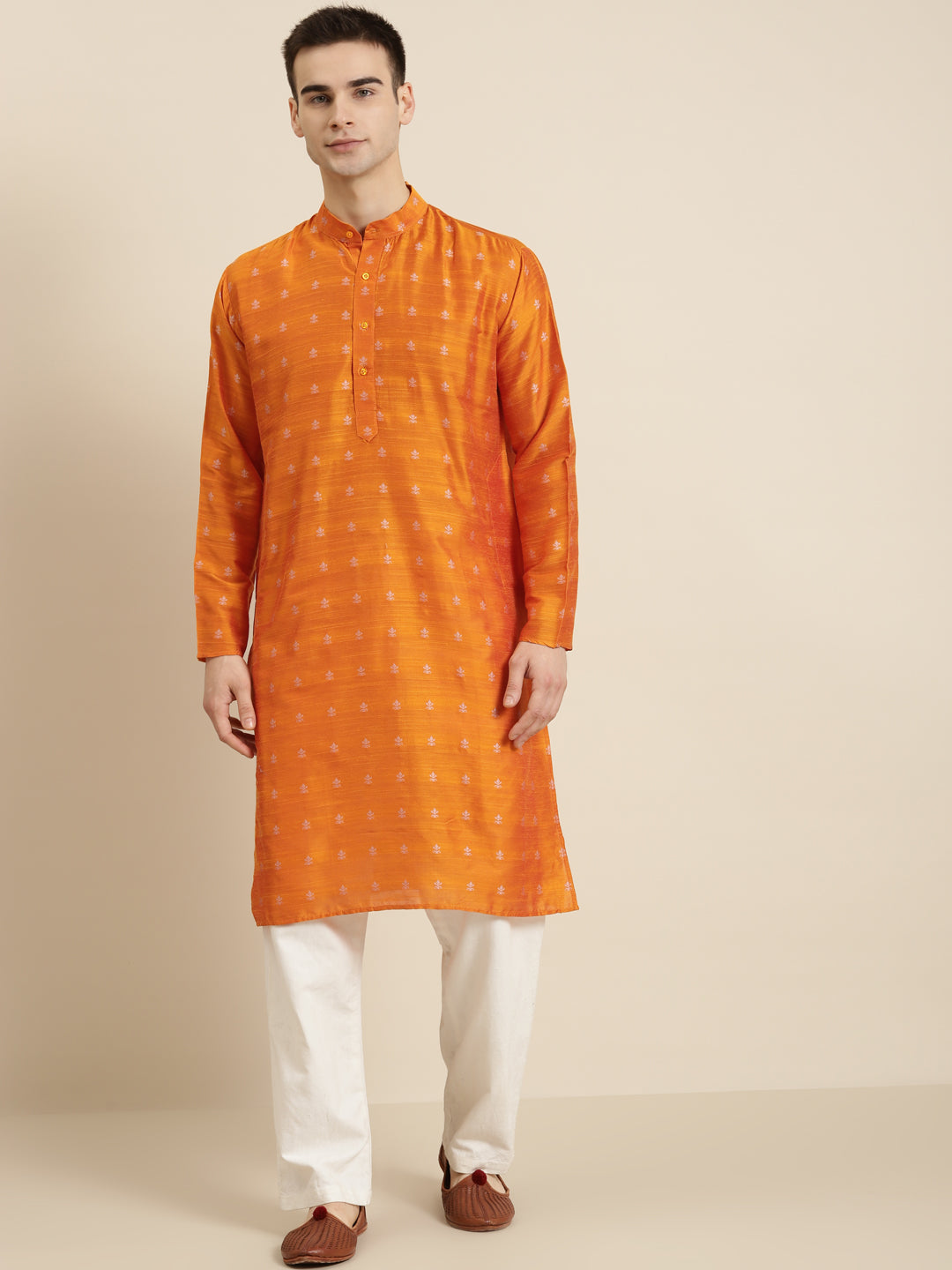 Men's Cotton Orange & Silver Self Design ONLY Long Kurta  - Sojanya