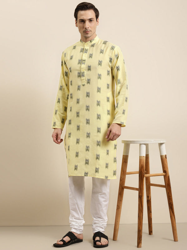 Men's Cotton Light Yellow & Black Kurta - Sojanya