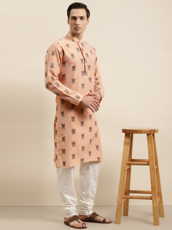 Men's Cotton Light Peach & Black Kurta - Sojanya