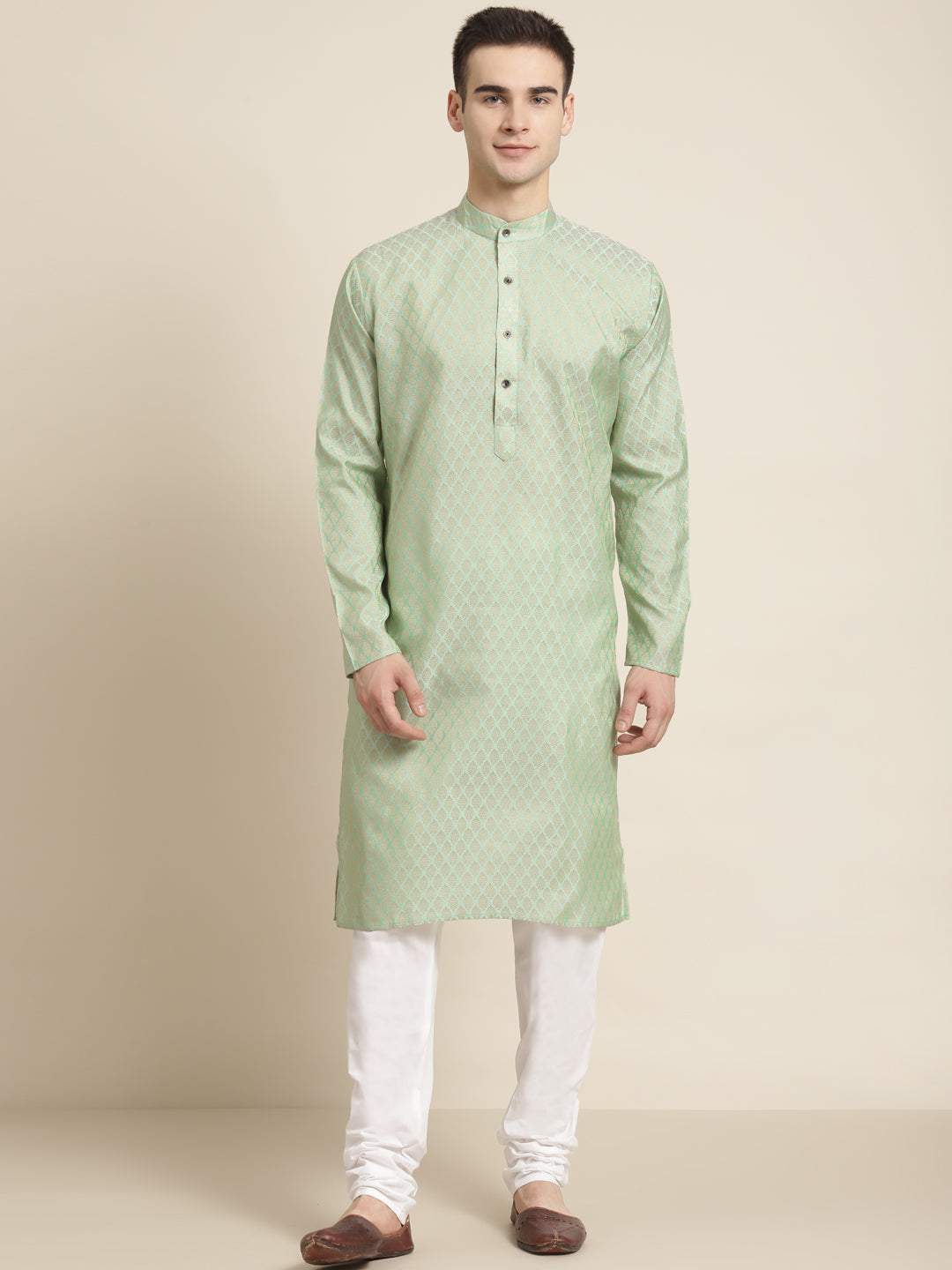 Men's Jacquard Silk Pista Green Self design ONLY Kurta  - Sojanya