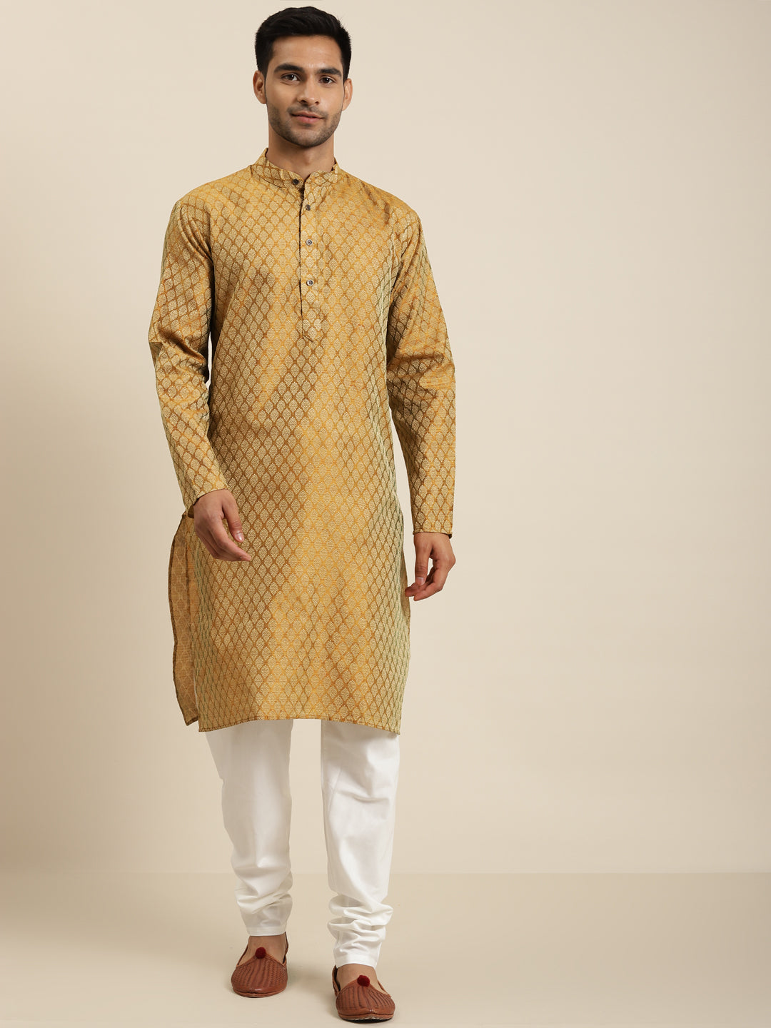 Men's Jacquard Silk Mustard Self design ONLY Kurta  - Sojanya