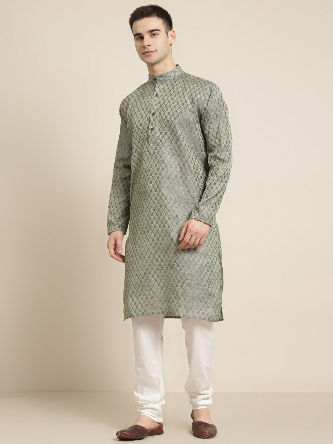 Men's Jacquard Silk Teal green Self design ONLY Kurta  - Sojanya