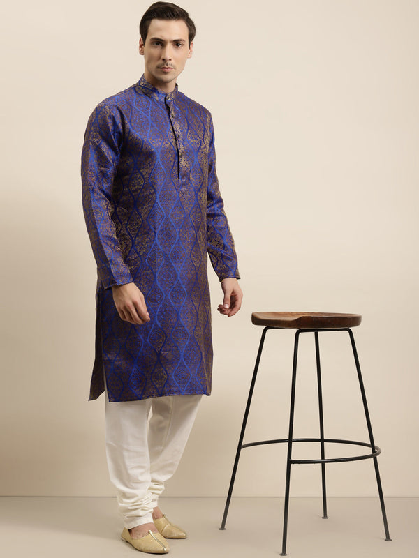 Men's Jacquard Silk Blue & Gold Kurta - Sojanya