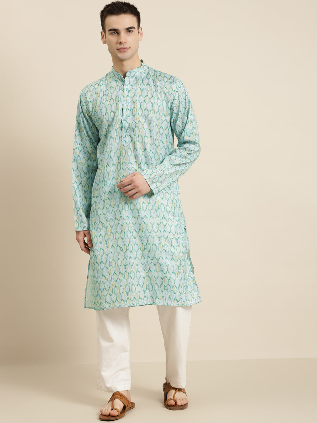 Men's Cotton Sea Green Printed ONLY Kurta  - Sojanya