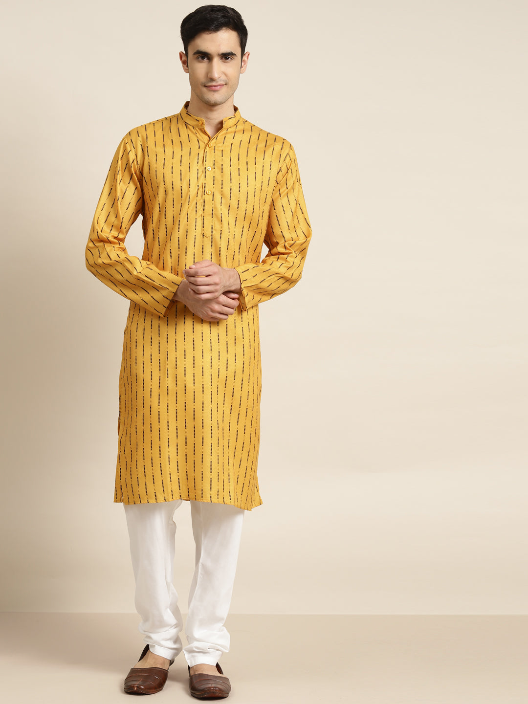 Men's Cotton Mustard Printed Only Kurta  - Sojanya