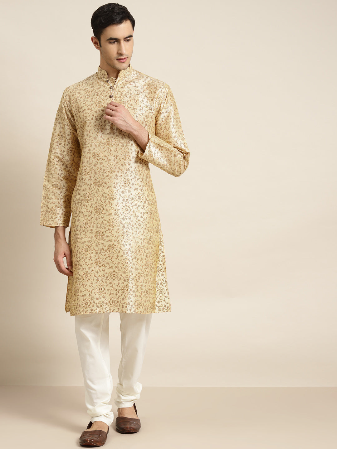 Men's Silk Blend Beige Printed Only Kurta  - Sojanya