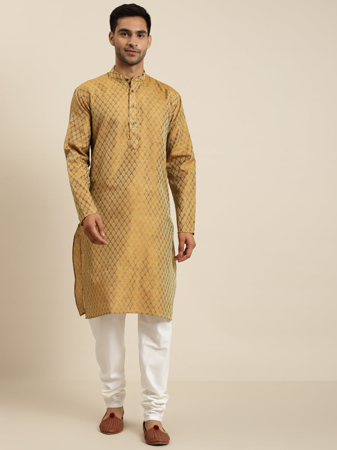 Men's Jacq Silk Mustard Self design Kurta & Off-White Churidar Pyjama Set - Sojanya