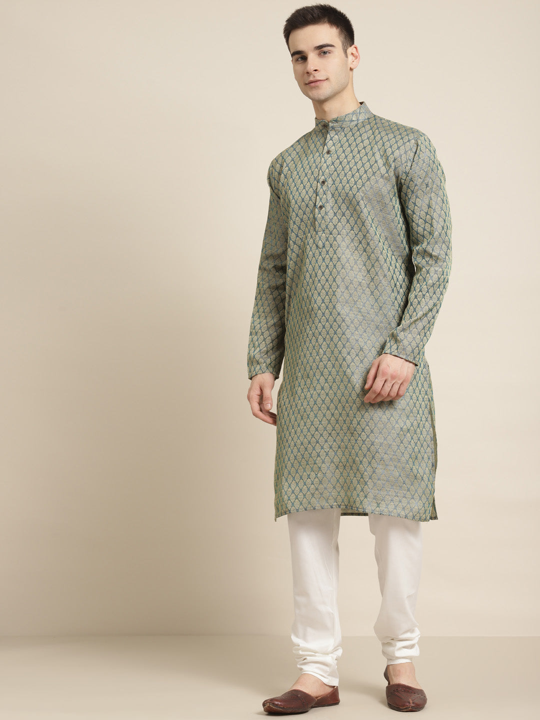 Men's Jacq Silk Teal green Self design Kurta & Off-White Churidar Pyjama Set - Sojanya