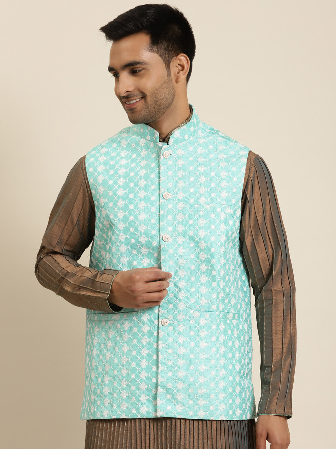 Men's Silk Blend Sea Green Embroidered ONLY Nehrujacket - Sojanya