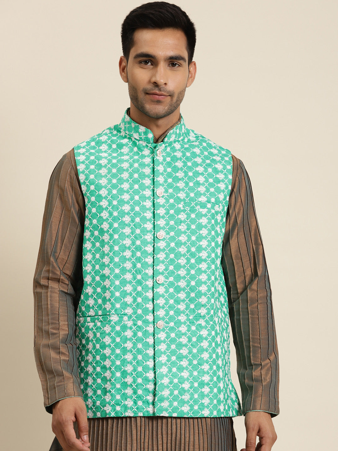 Men's Silk Blend Rama Green Embroidered ONLY Nehrujacket - Sojanya