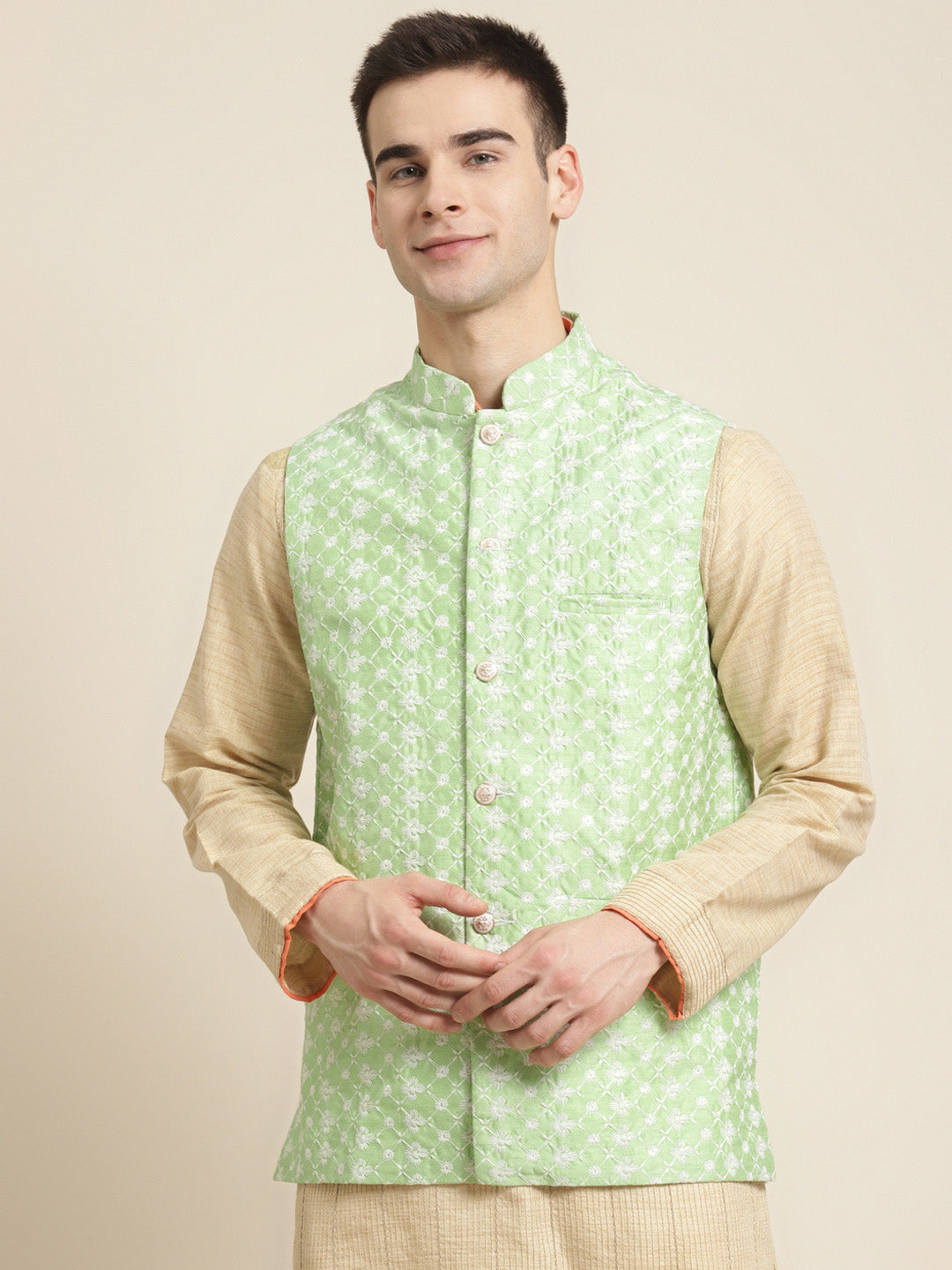 Men's Silk Blend Light Green Embroidered ONLY Nehrujacket - Sojanya