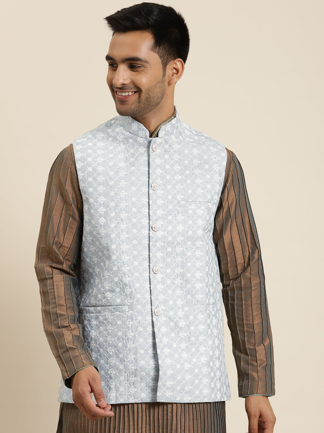 Men's Silk Blend Grey Embroidered ONLY Nehrujacket - Sojanya