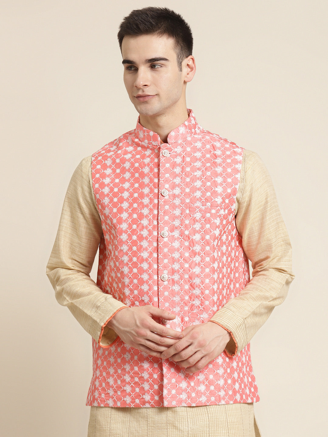 Men's Silk Blend Peach Embroidered ONLY Nehrujacket - Sojanya