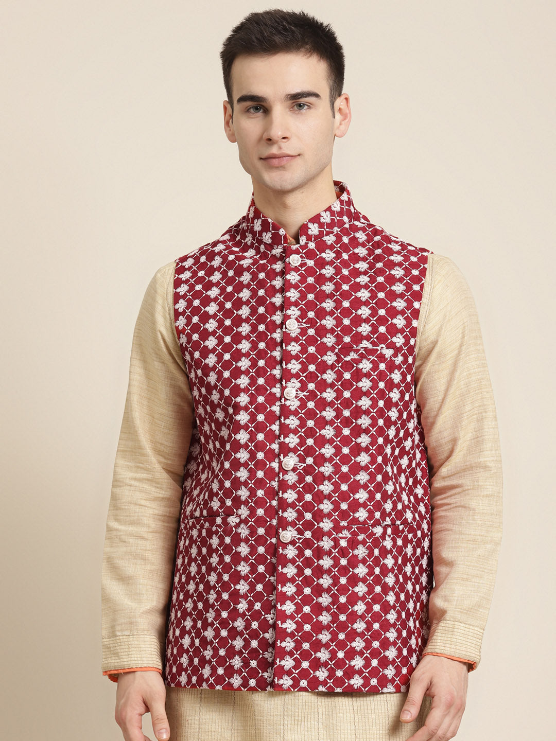 Men's Silk Blend Maroon Embroidered ONLY Nehrujacket - Sojanya