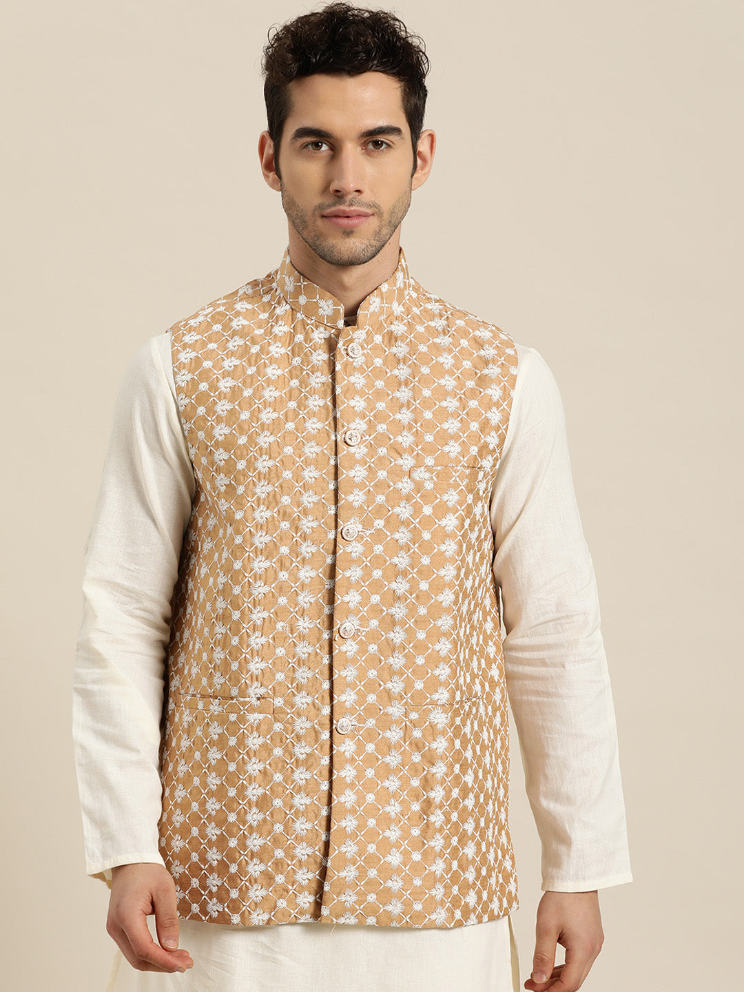 Men's Silk Blend Dark Gold Embroidered ONLY Nehrujacket - Sojanya