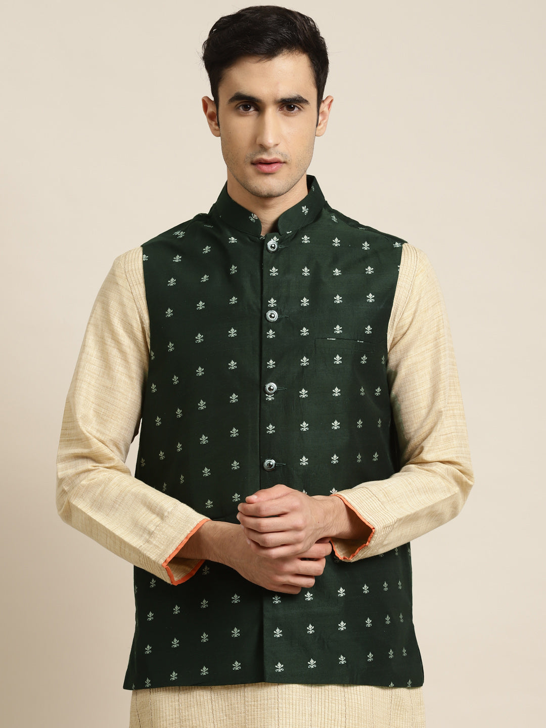 Men's Cotton Dark Green Self Design Only Nehru Jacket - Sojanya