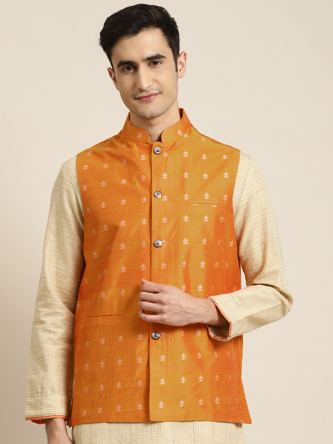 Men's Cotton Orange Self Design Only Nehru Jacket - Sojanya