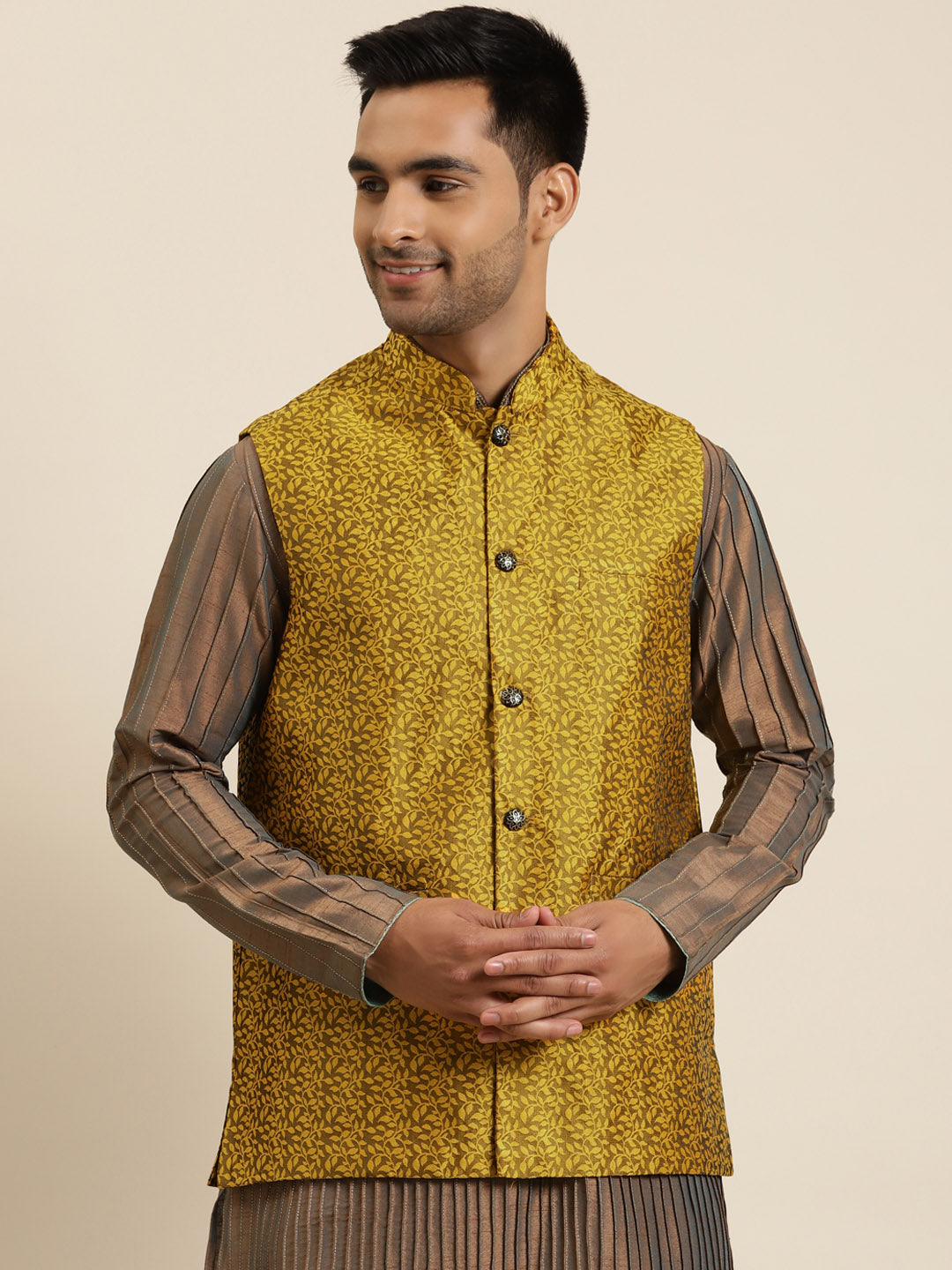 Men's Jacquard Silk Mustard Self Design ONLY Nehrujacket - Sojanya