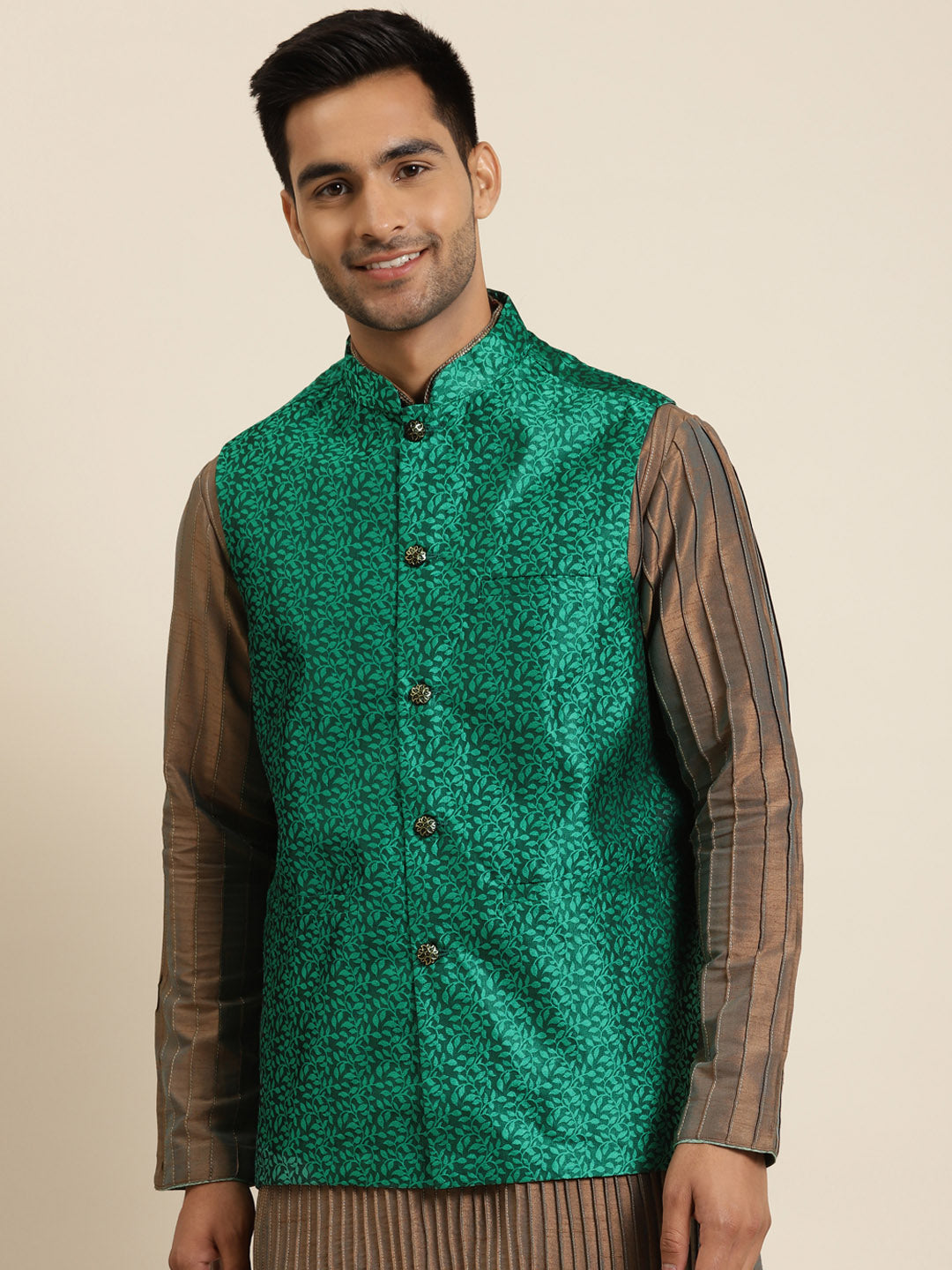 Men's Jacquard Silk Dark Green Self Design ONLY Nehrujacket - Sojanya