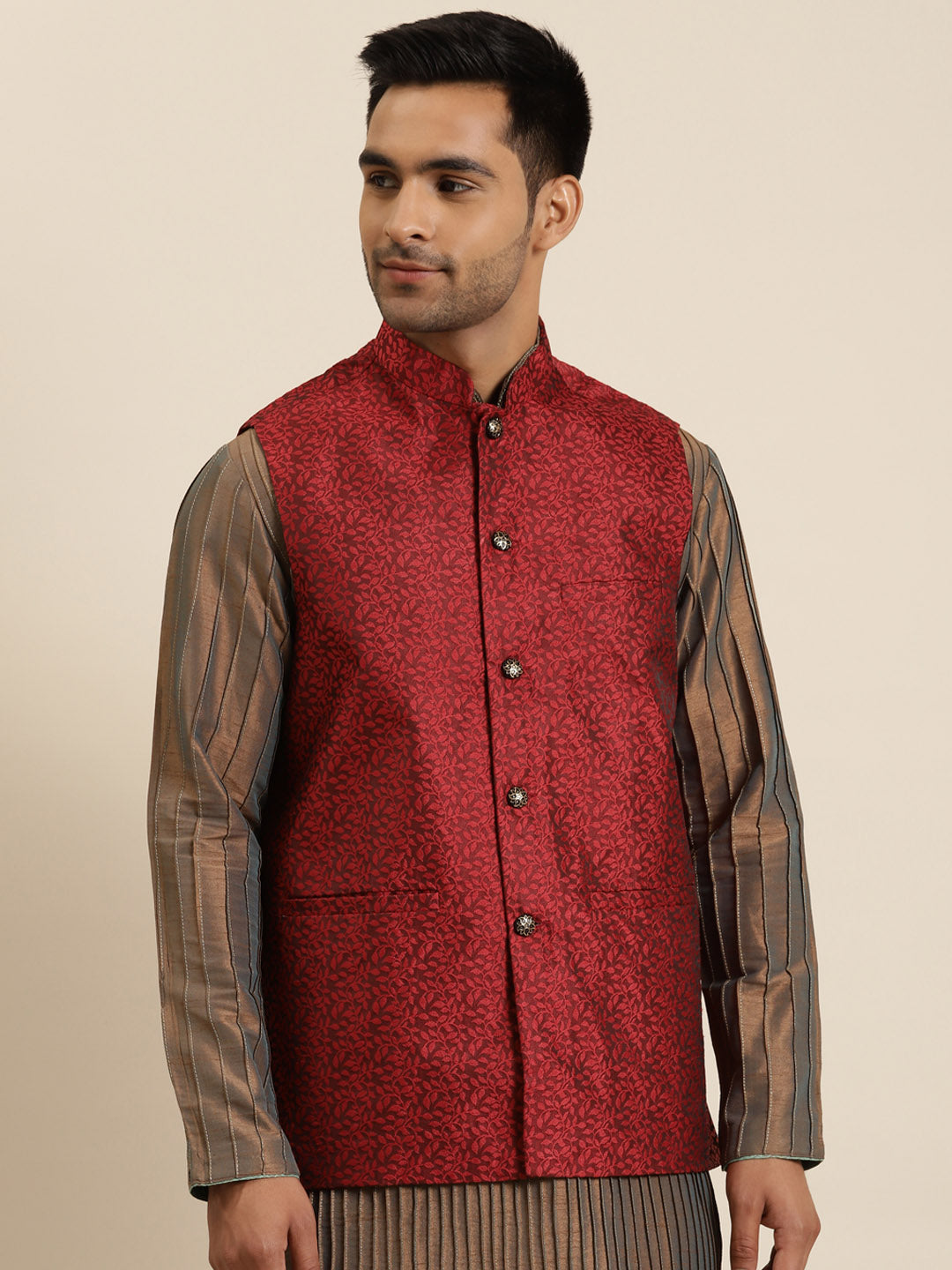 Men's Jacquard Silk Maroon Self Design ONLY Nehrujacket - Sojanya