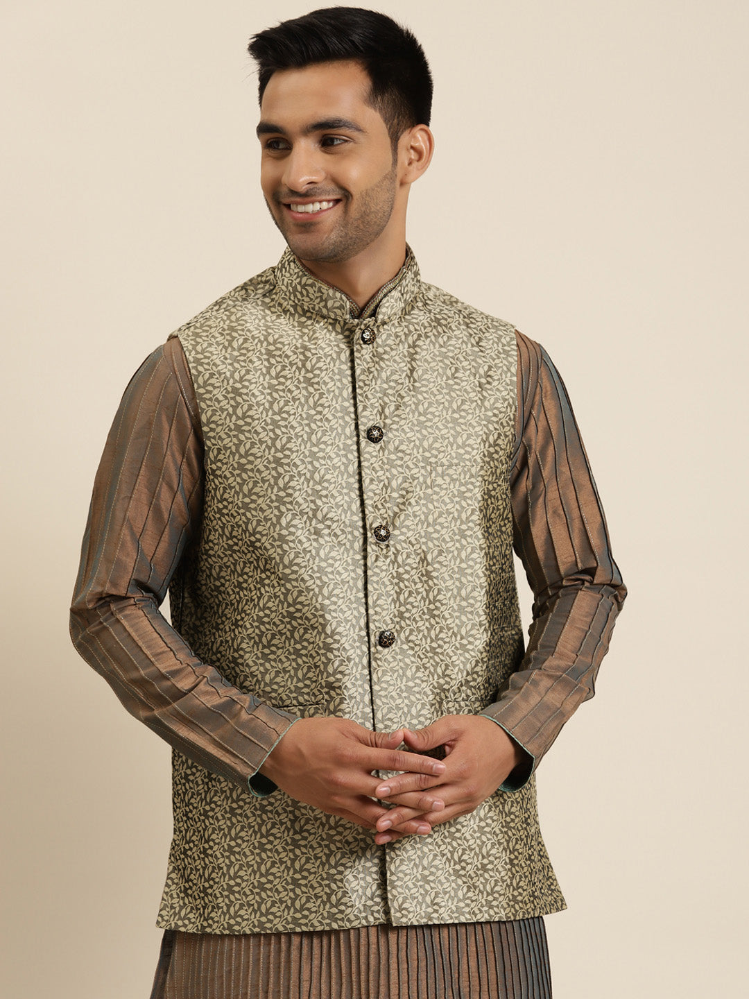 Men's Jacquard Silk Gold Self Design ONLY Nehrujacket - Sojanya