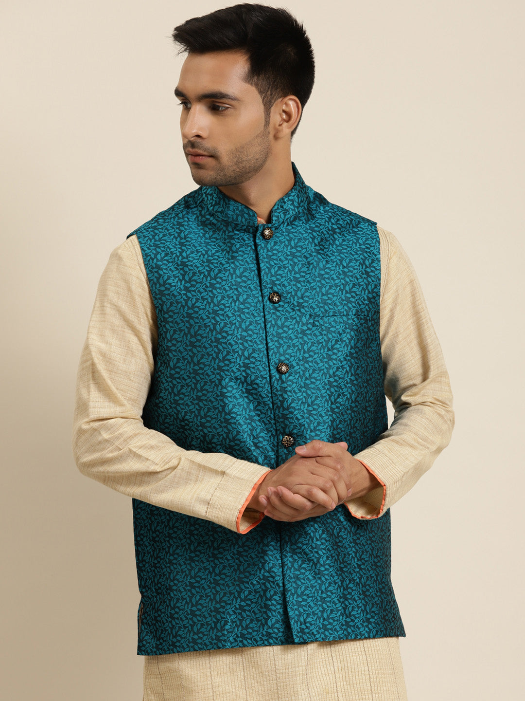 Men's Jacquard Silk Turquoise Blue Self Design ONLY Nehrujacket - Sojanya