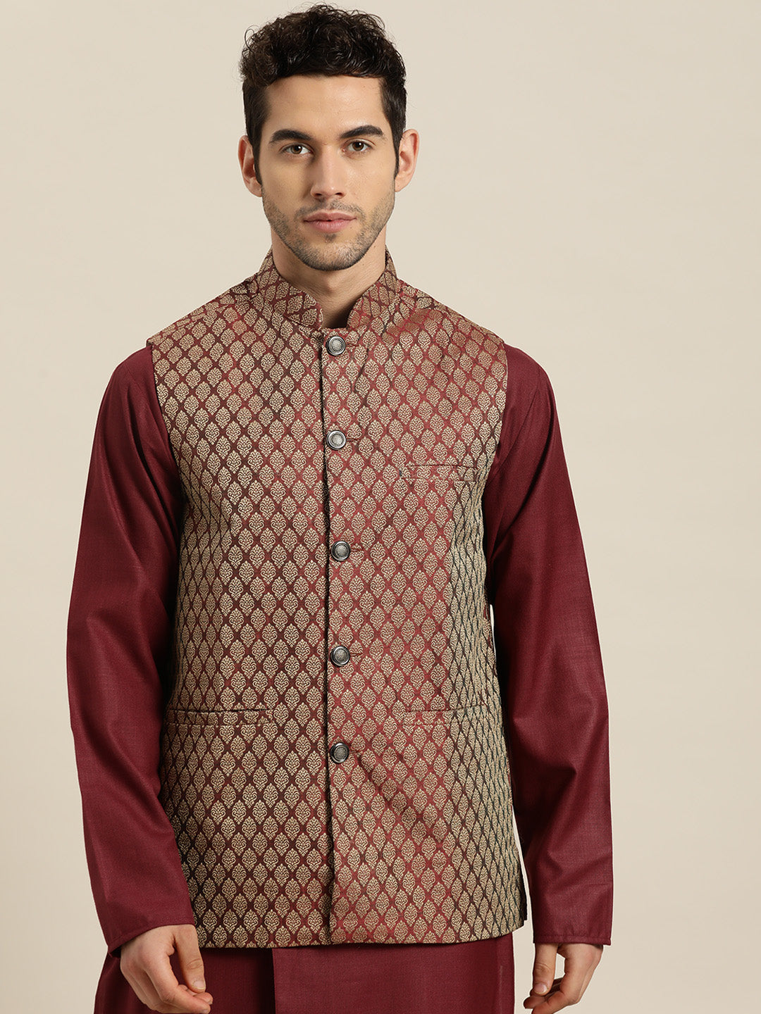 Men's Jacquard Silk Maroon Self Design ONLY Nehrujacket - Sojanya