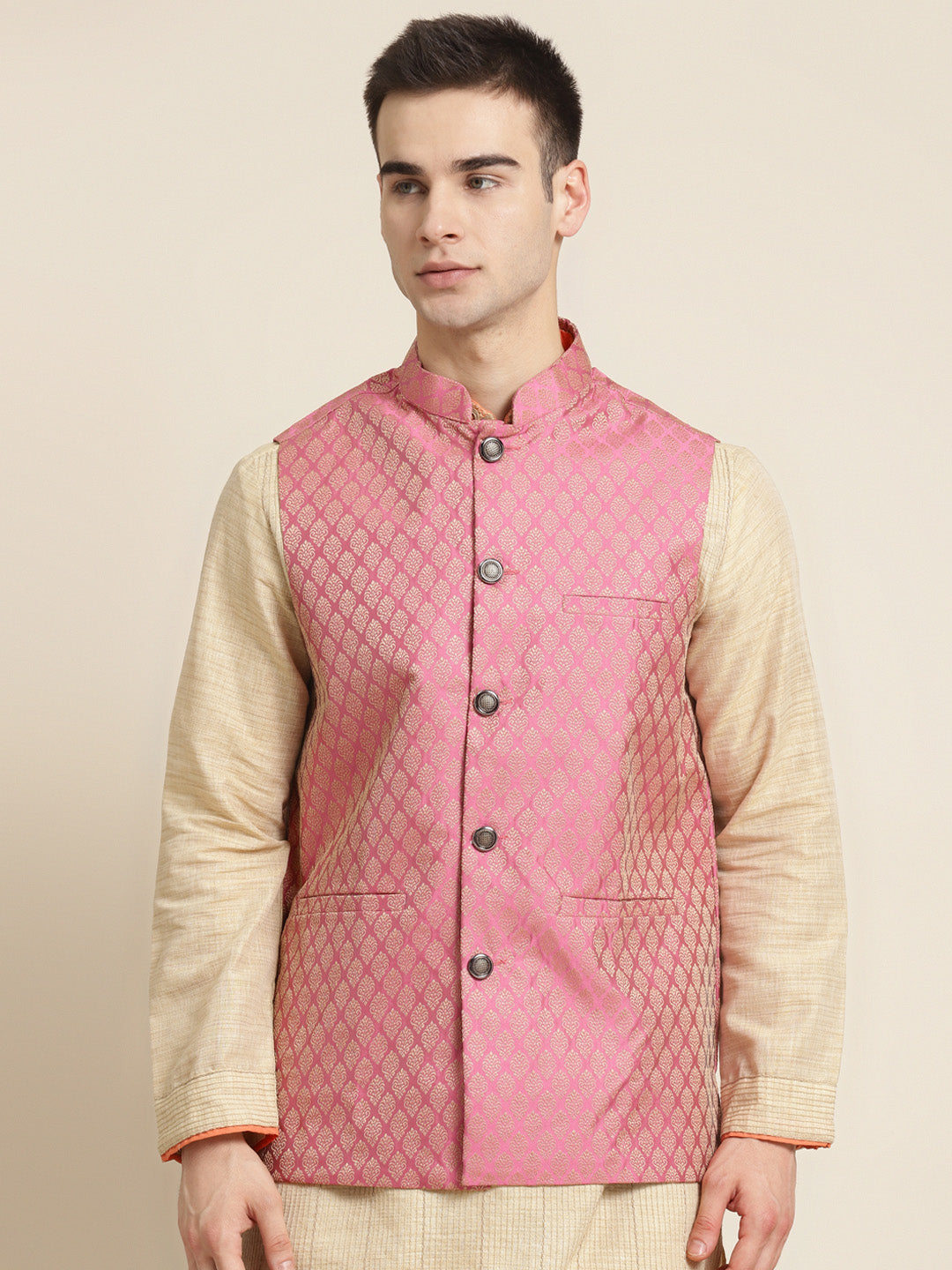 Men's Jacquard Silk Pink Self Design ONLY Nehrujacket - Sojanya