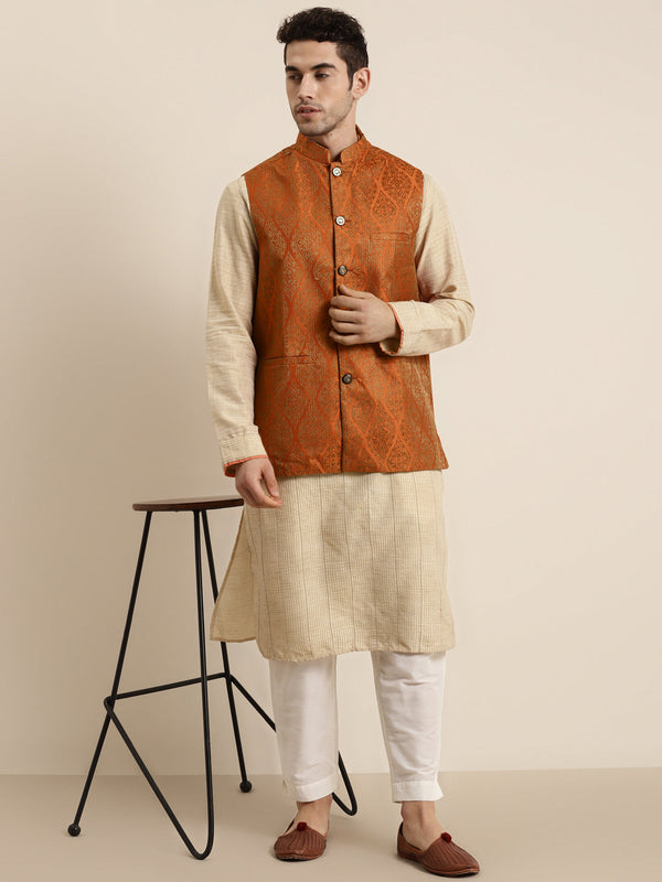 Men's Jacquard Silk Orange & Gold Nehru Jacket - Sojanya