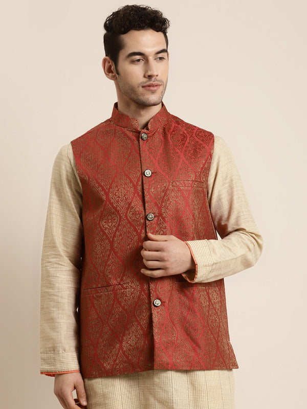 Men's Jacquard Silk Red & Gold Nehru Jacket - Sojanya