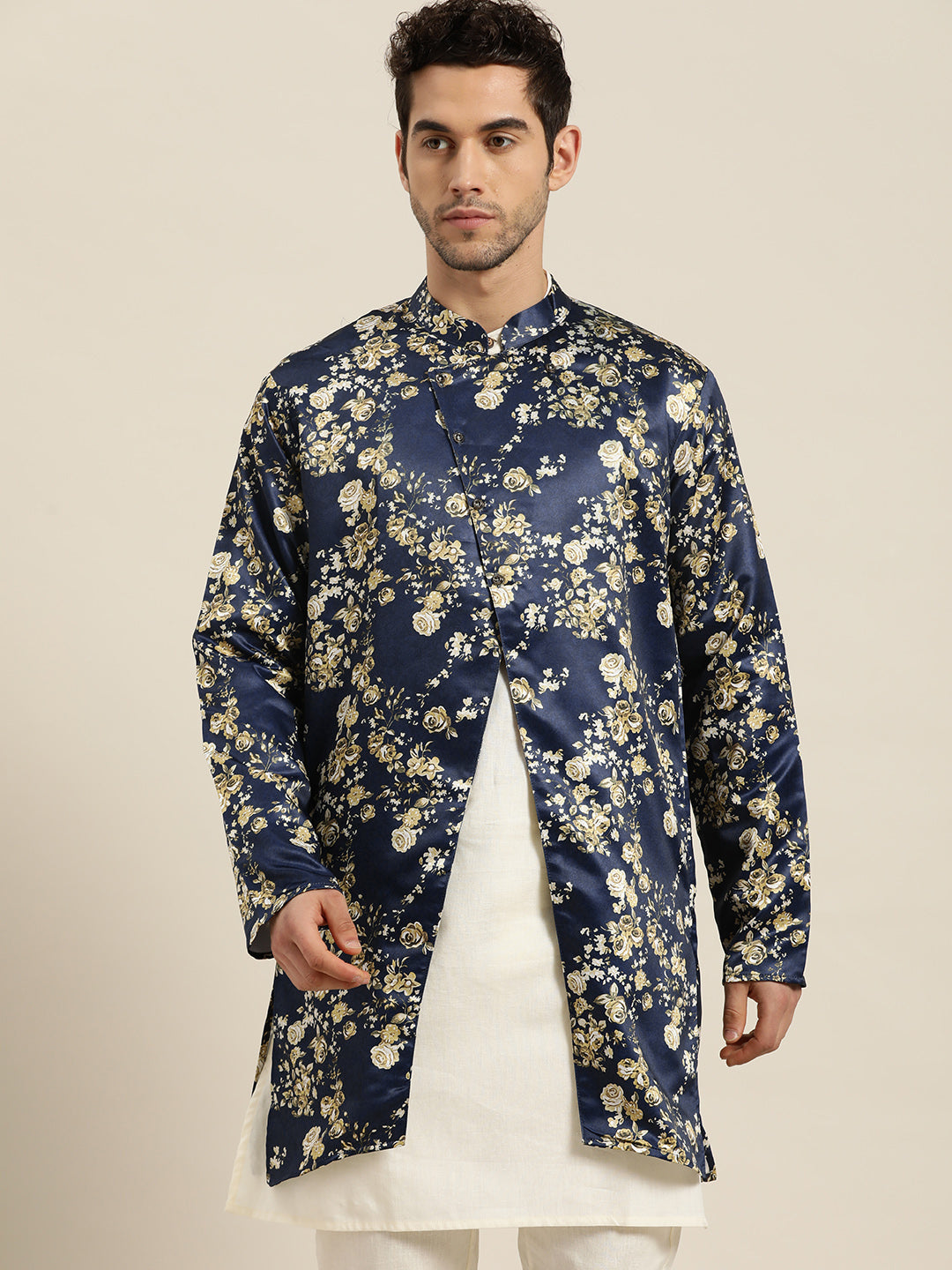 Men's Silk Blend Navy Blue ONLY Sherwani Jacket - Sojanya