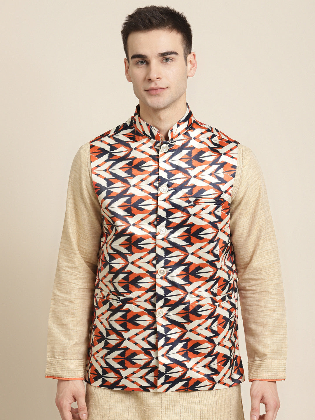 Men's Silk Blend Cream Printed ONLY Nehru Jacket - Sojanya