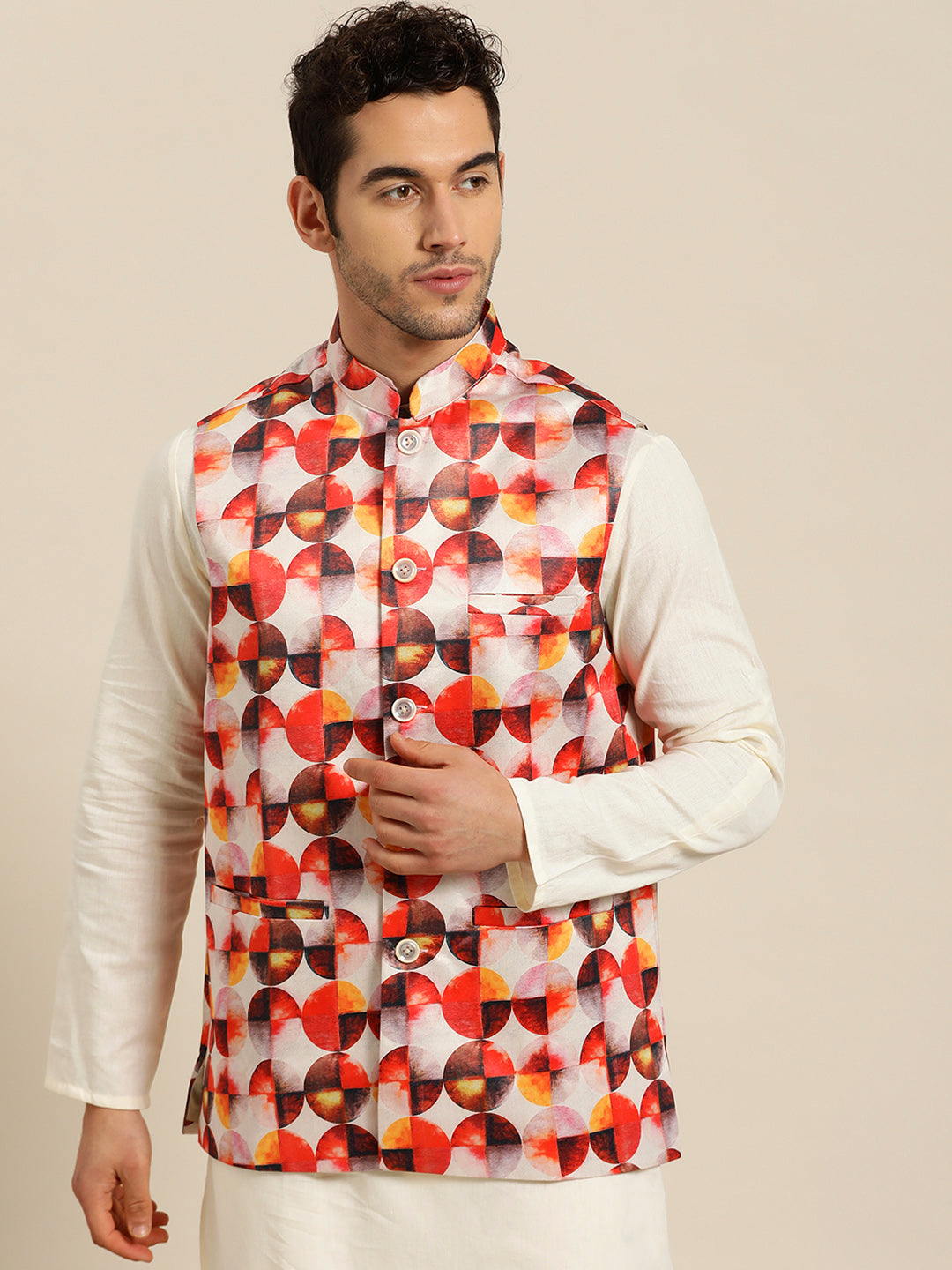 Men's Silk Blend Off white Printed ONLY Nehru Jacket - Sojanya