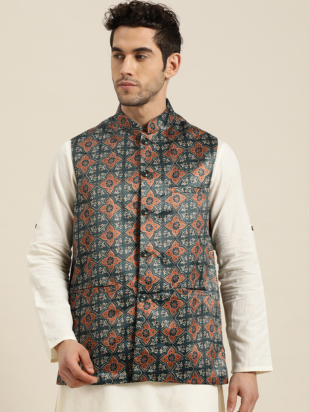 Men's Silk Blend Botell Green Printed ONLY Nehru Jacket - Sojanya