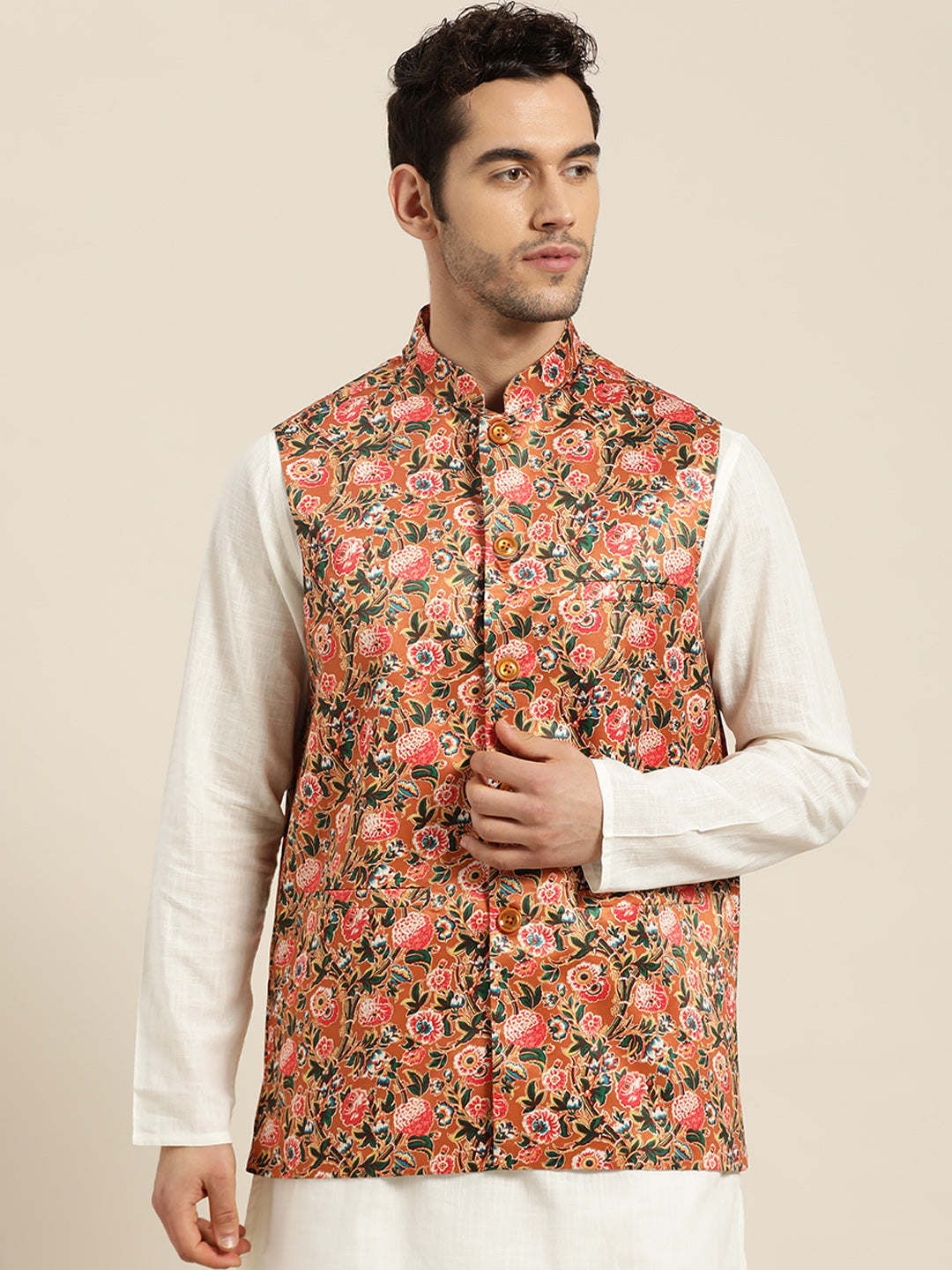 Men's Silk Blend Tan Printed ONLY Nehru Jacket - Sojanya