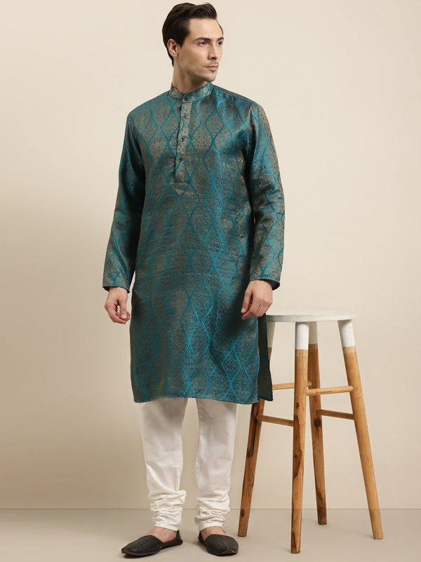 Men's Jacquard Silk Teal Blue & Gold Kurta & Off-White Churidar Pyjama Set - Sojanya