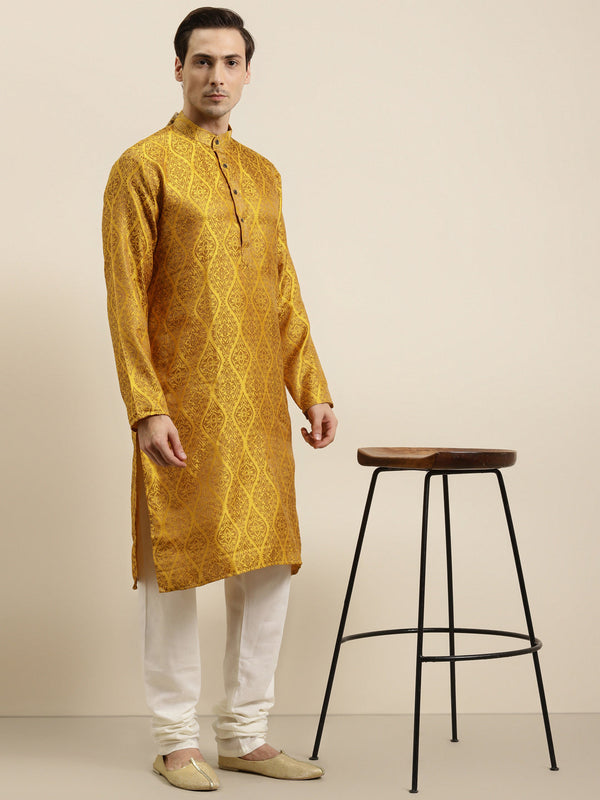 Men's Jacquard Silk Mustard & Gold Kurta & Off-White Churidar Pyjama Set - Sojanya