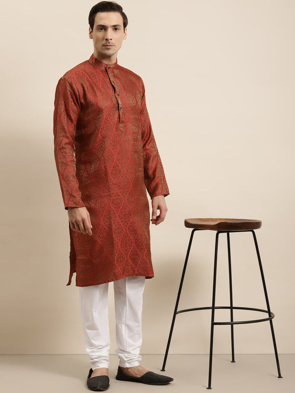 Men's Jacquard Silk Red & Gold Kurta & Off-White Churidar Pyjama Set - Sojanya