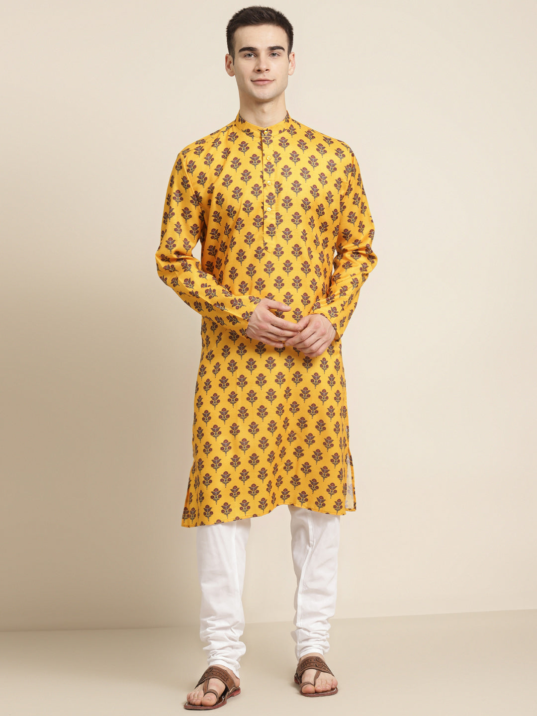 Men's Cotton Mustard Printed Kurta & White Churidar Pyjama Set - Sojanya