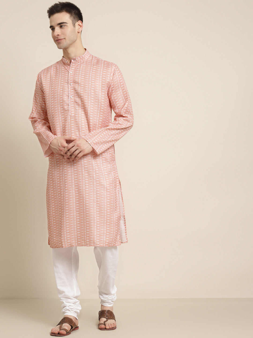 Men's Cotton Peach Printed Kurta & White Churidar Pyjama Set - Sojanya