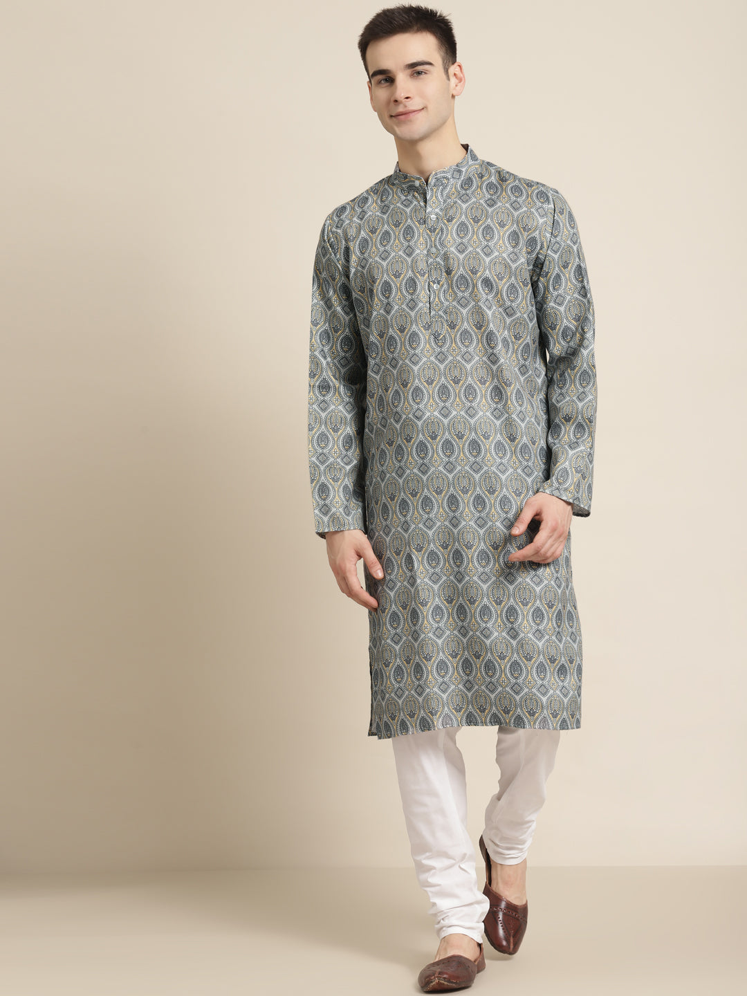 Men's Cotton Light Grey Printed Kurta & White Churidar Pyjama Set - Sojanya