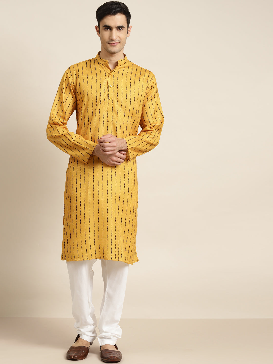 Men's Cotton Mustard Printed Kurta & White Churidar Pyjama Set - Sojanya