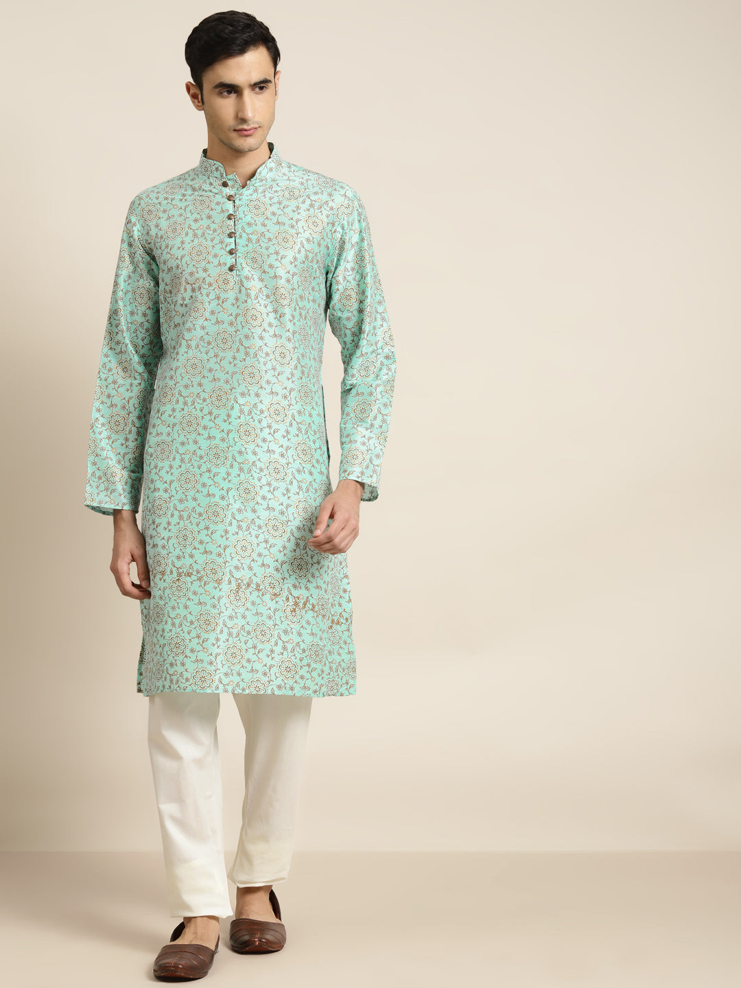 Men's Silk Blend Sea Green Kurta & Off White Churidar Pyjama Set - Sojanya