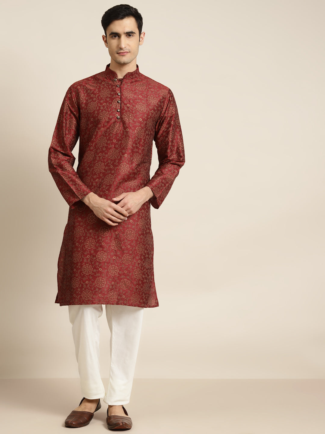 Men's Silk Blend Maroon Kurta & Off White Churidar Pyjama Set - Sojanya